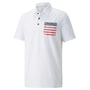 Puma Volition Mens Small White Paisley American Flag Pocket Golf Polo Shirt NEW
